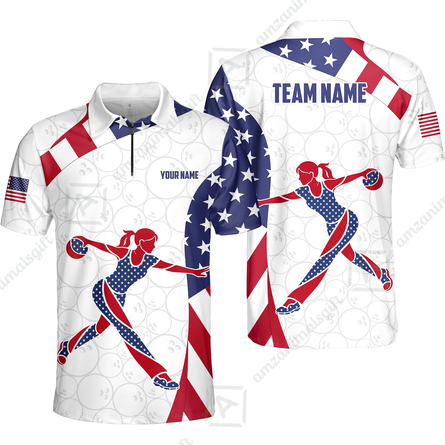 Custom Bowling Jersey Polo Shirt, Patriotic Bowler Silhouette Stars and Stripes, Custom Bowling Jersey Team Shirt For Players With Name and Team Name