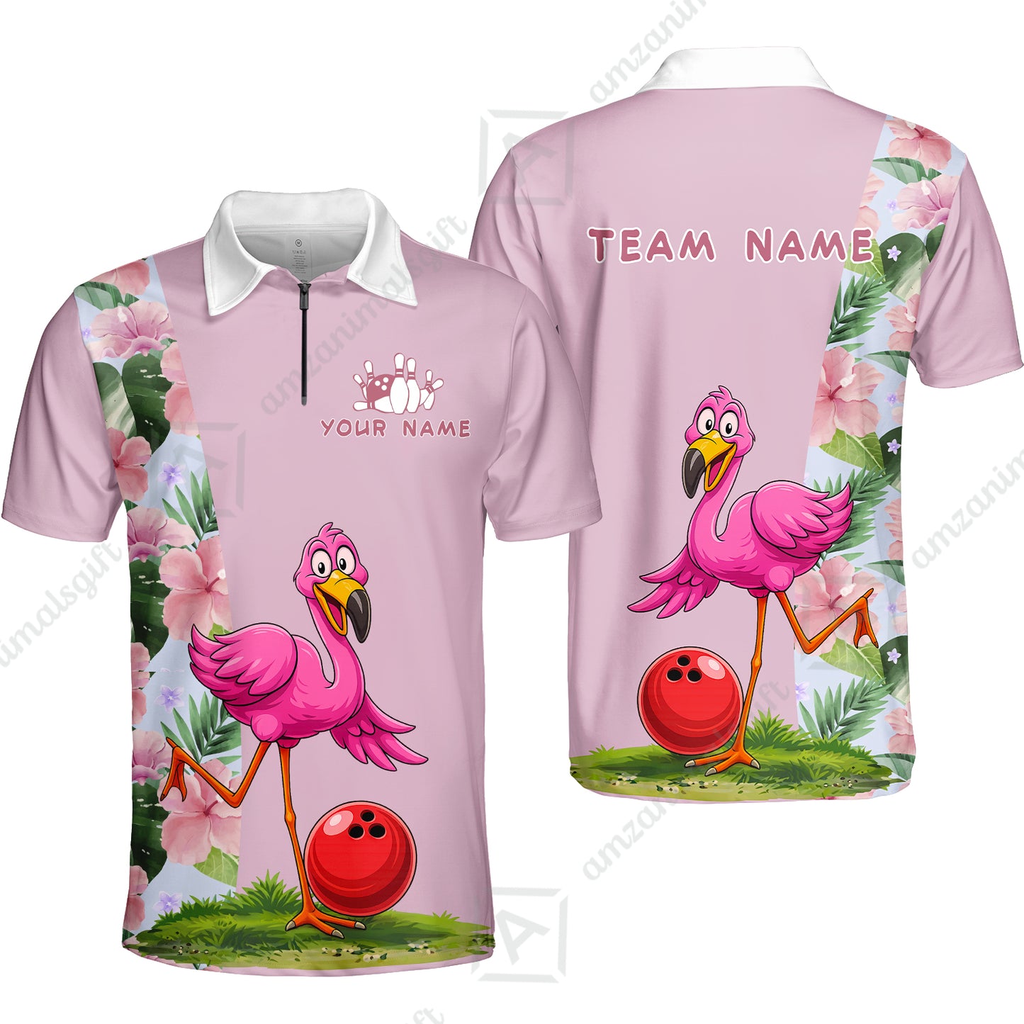 Custom Bowling Jersey Polo Shirt, Tropical Pink Flamingo Floral, Custom Bowling Jersey Team Shirt For Players With Name and Team Name