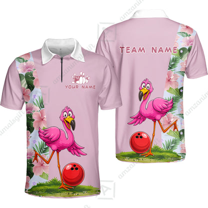 Custom Bowling Jersey Polo Shirt, Tropical Pink Flamingo Floral, Custom Bowling Jersey Team Shirt For Players With Name and Team Name