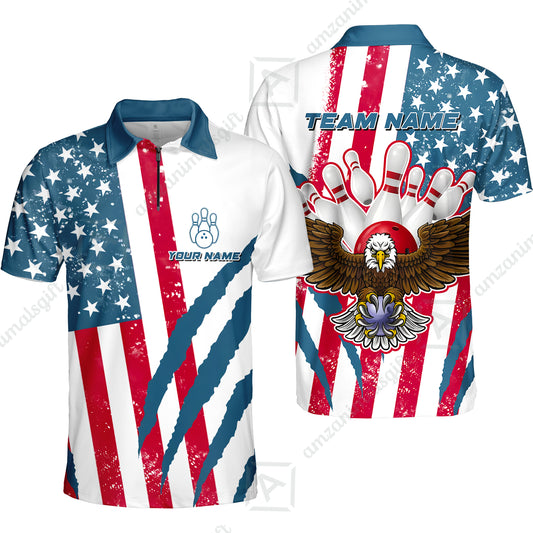 Customized Patriotic Bowling Quarter-Zip Polo Shirt, American Flag & Eagle Claw-mark Zip Polo Shirt, Perfect For Bowling Team