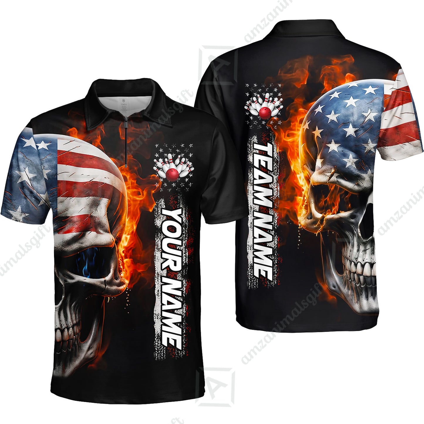 Custom Flaming USA Flag Bowling Jersey Polo Shirt, Custom Flaming USA Flag Bowling Jersey Team Shirt For Players With Name & Team Name