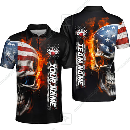 Custom Flaming USA Flag Bowling Jersey Polo Shirt, Custom Flaming USA Flag Bowling Jersey Team Shirt For Players With Name & Team Name