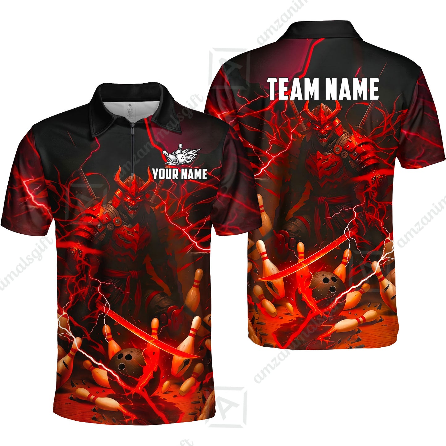 Custom Bowling Jersey Polo Shirt, Fiery Samurai Strike, Custom Bowling Jersey Team Shirt For Players With Name & Team Name