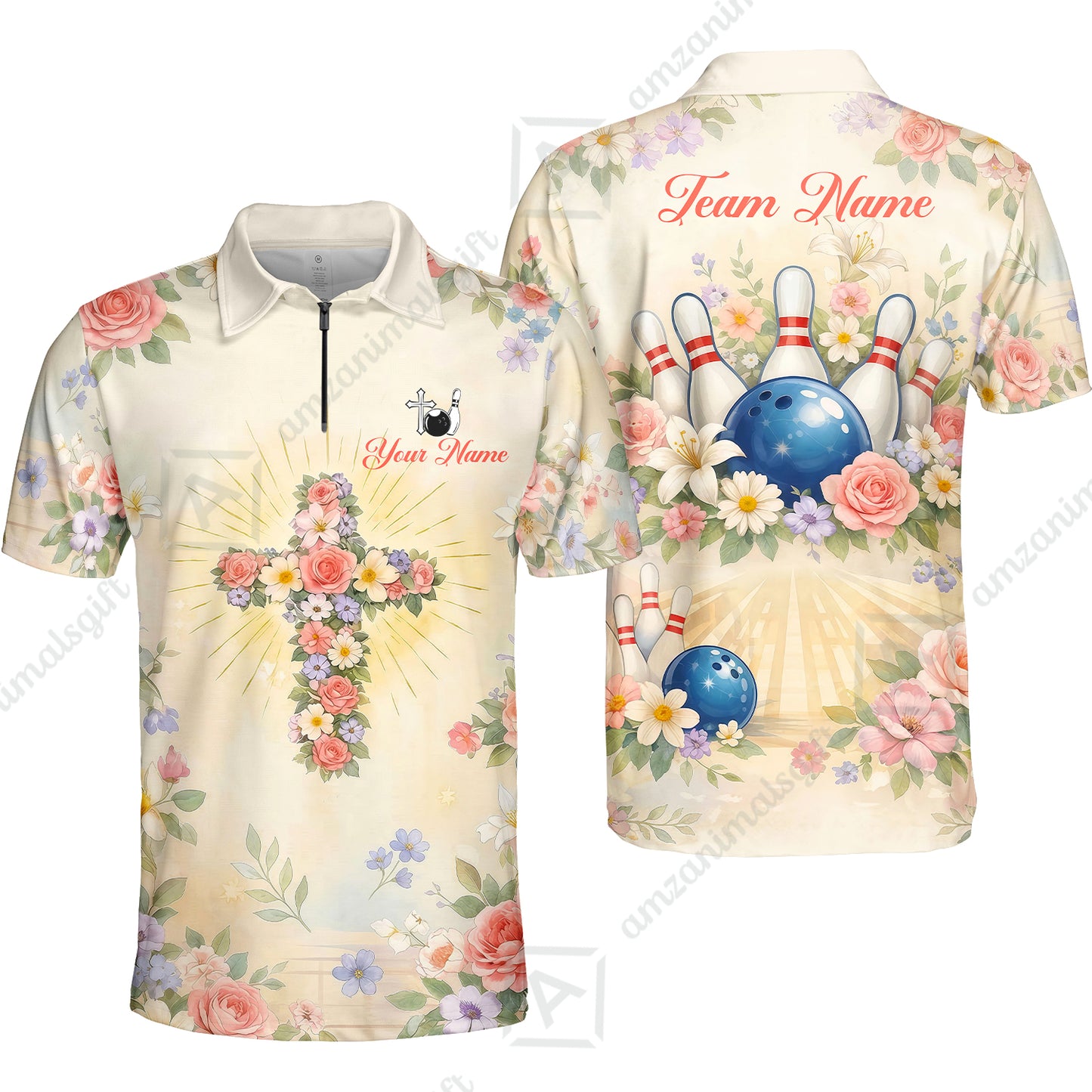 Custom Bowling Jersey Polo Shirt,  Flower Christian Bowling, Custom Bowling Jersey Team Shirt For Players With Name & Team Name