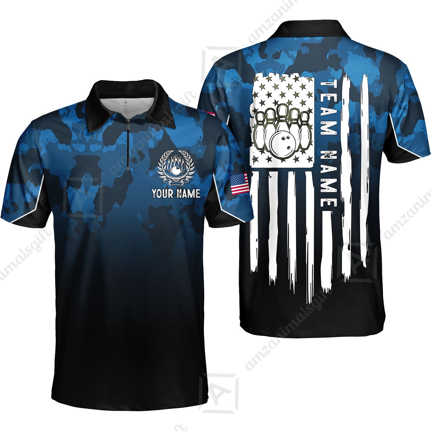 Custom Bowling Jersey Polo Shirt, Tactical Camo Patriotic Flag, Custom Bowling Jersey Team Shirt For Players With Name and Team Name