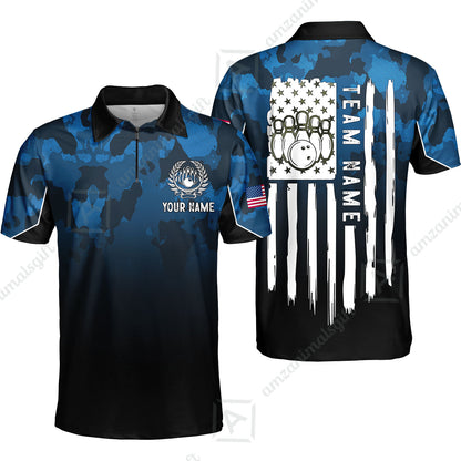 Custom Bowling Jersey Polo Shirt, Tactical Camo Patriotic Flag, Custom Bowling Jersey Team Shirt For Players With Name and Team Name