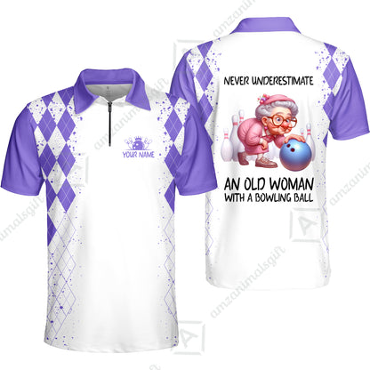 Custom Bowling Jersey Polo Shirt, Never Underestimate An Old Woman With A Bowling Ball, Personalized Name & Team Name
