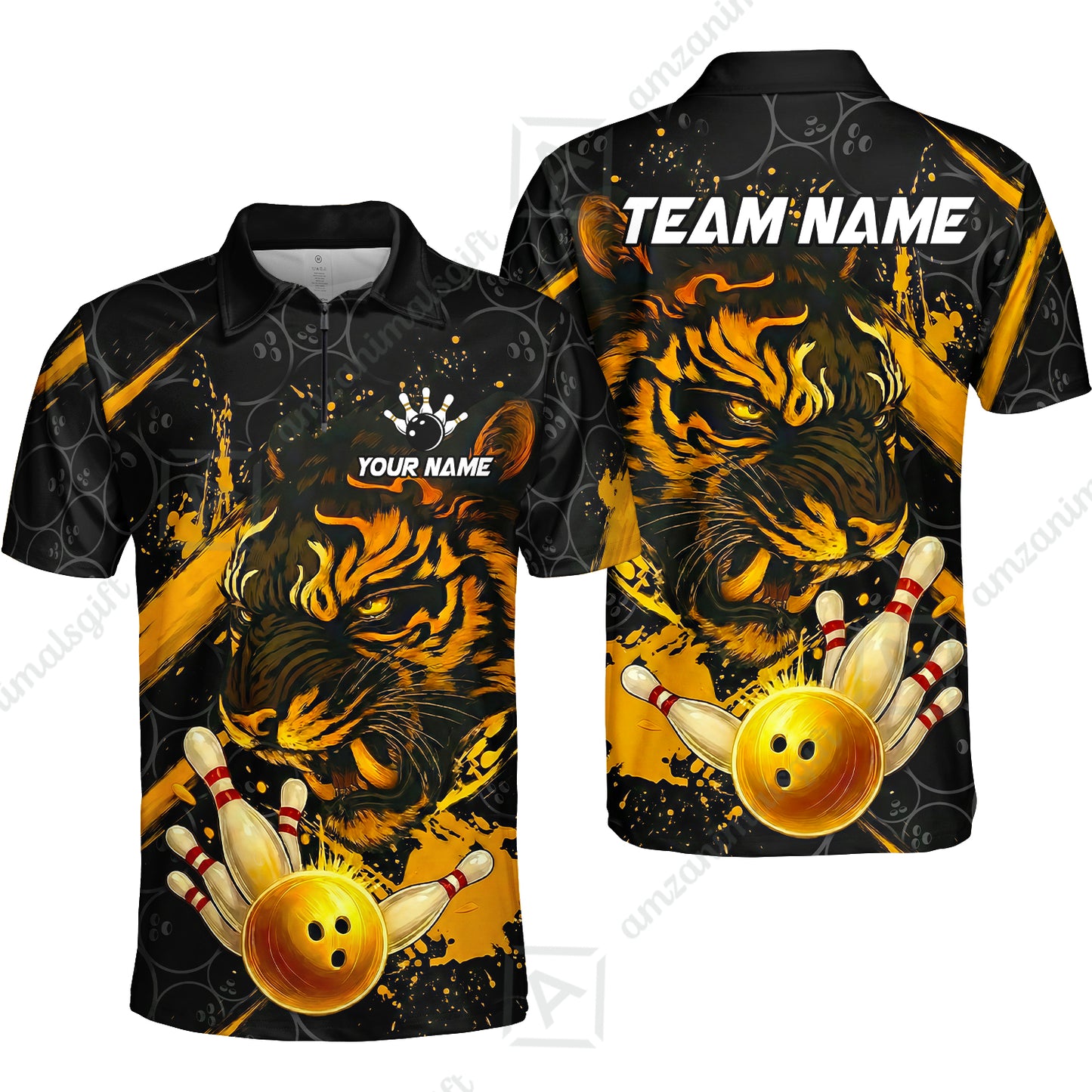 Customized Bowling Unisex Polo Shirt, Tiger Ball Striking Pins, Bowling Uniforms, Personalized Name And Team Name