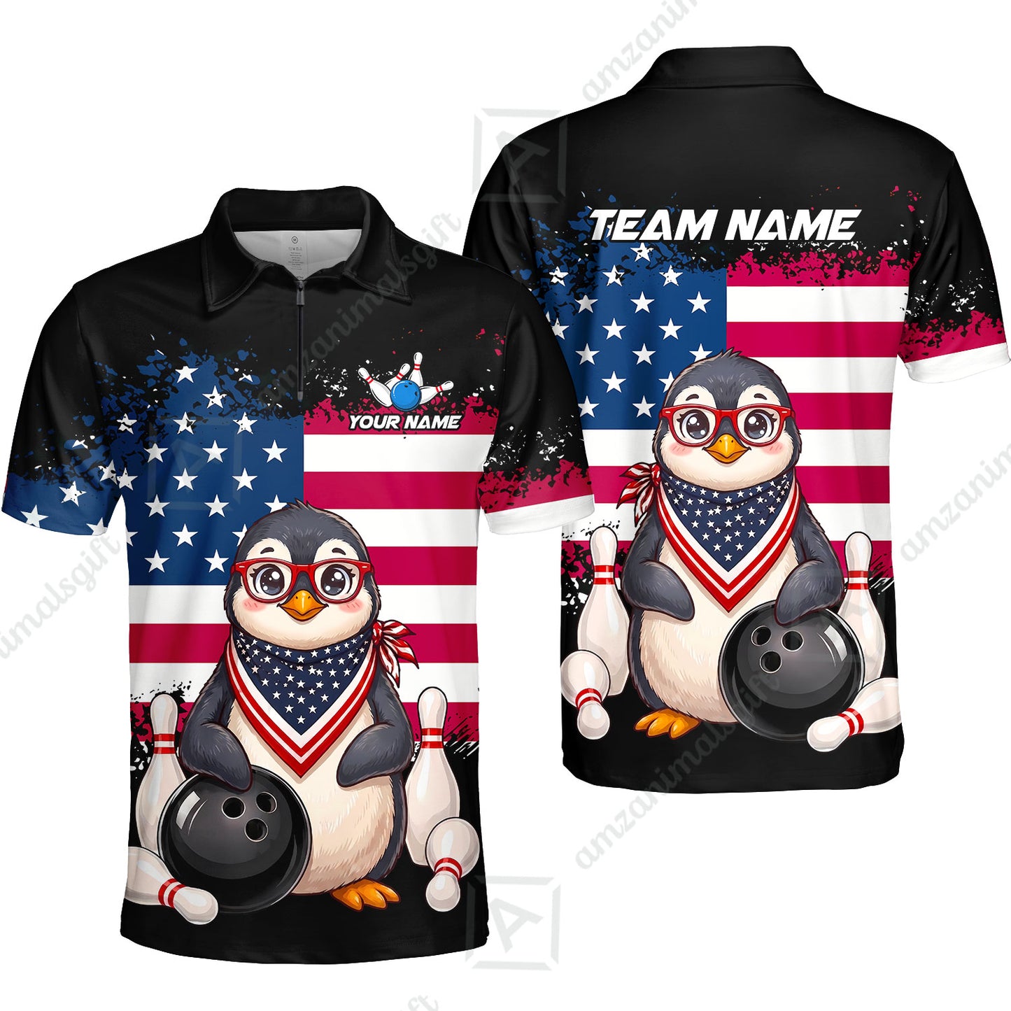 Custom Bowling Jersey Polo Shirt, Animal With Glasses And Bandana America Flag, Personalize Name & Team Name