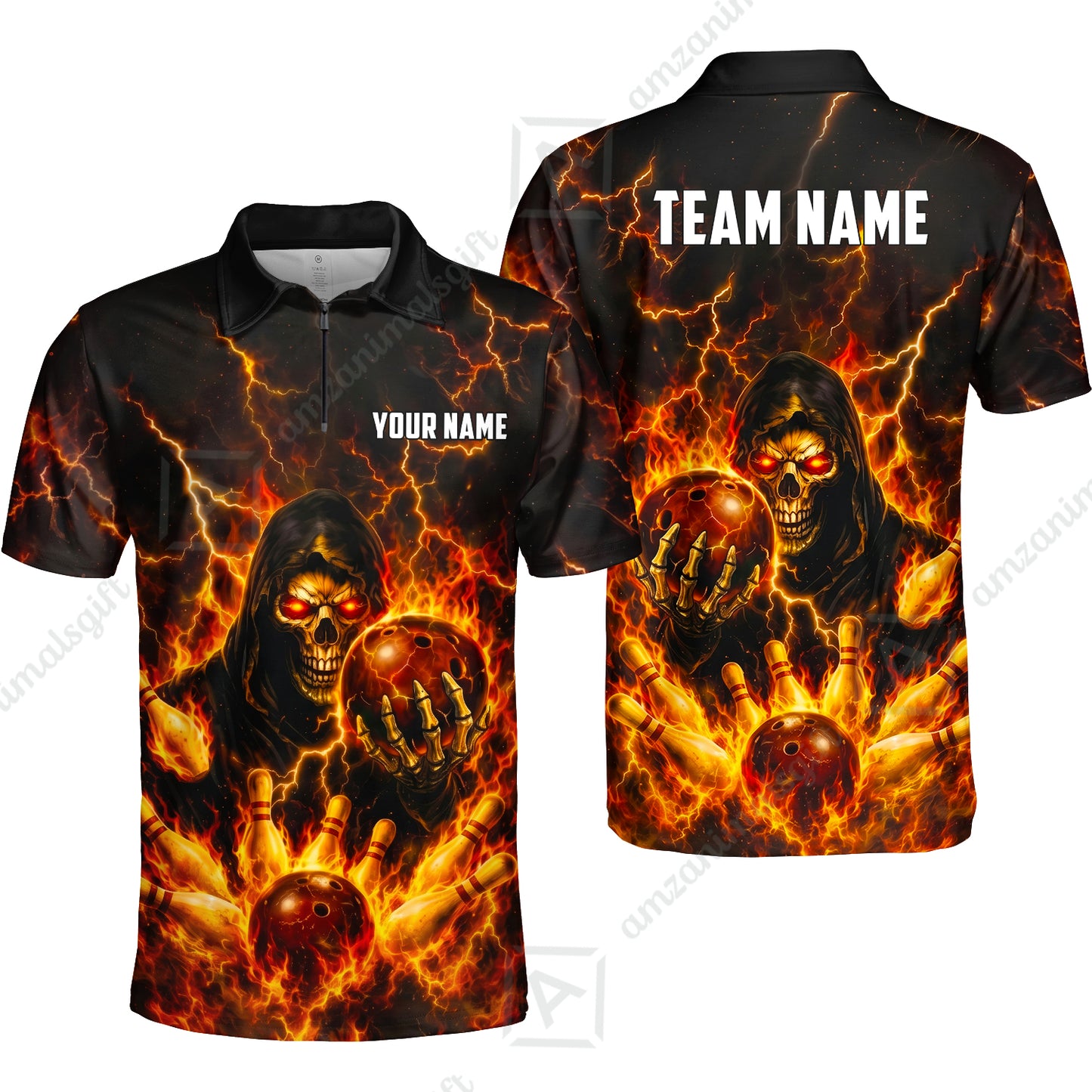 Custom Bowling Jersey Polo Shirt, Lightning Grim Reaper, Custom Bowling Jersey Team Shirt For Players With Name & Team Name