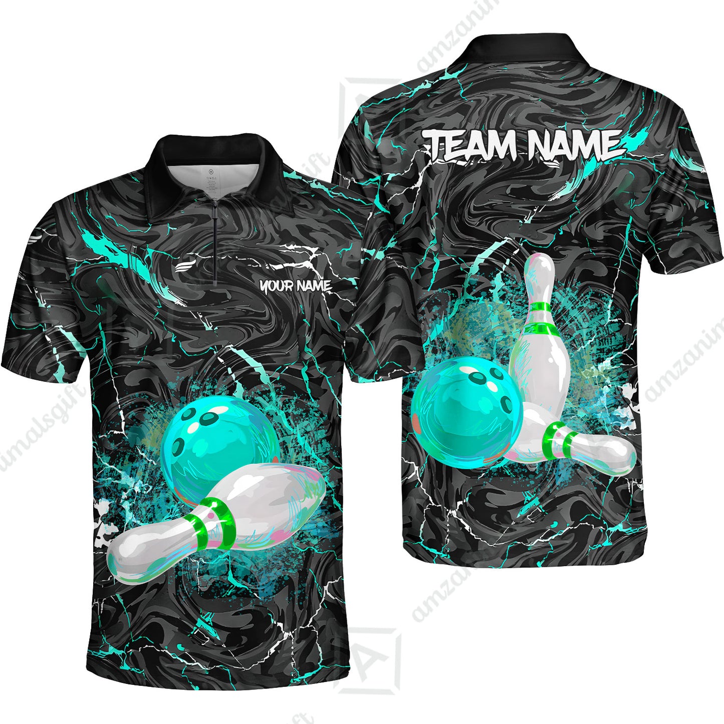 Customized Bowling Unisex Polo Shirt, Swirling Marbled Pattern Vibrant Veins, Bowling Uniforms, Personalized Name And Team Name
