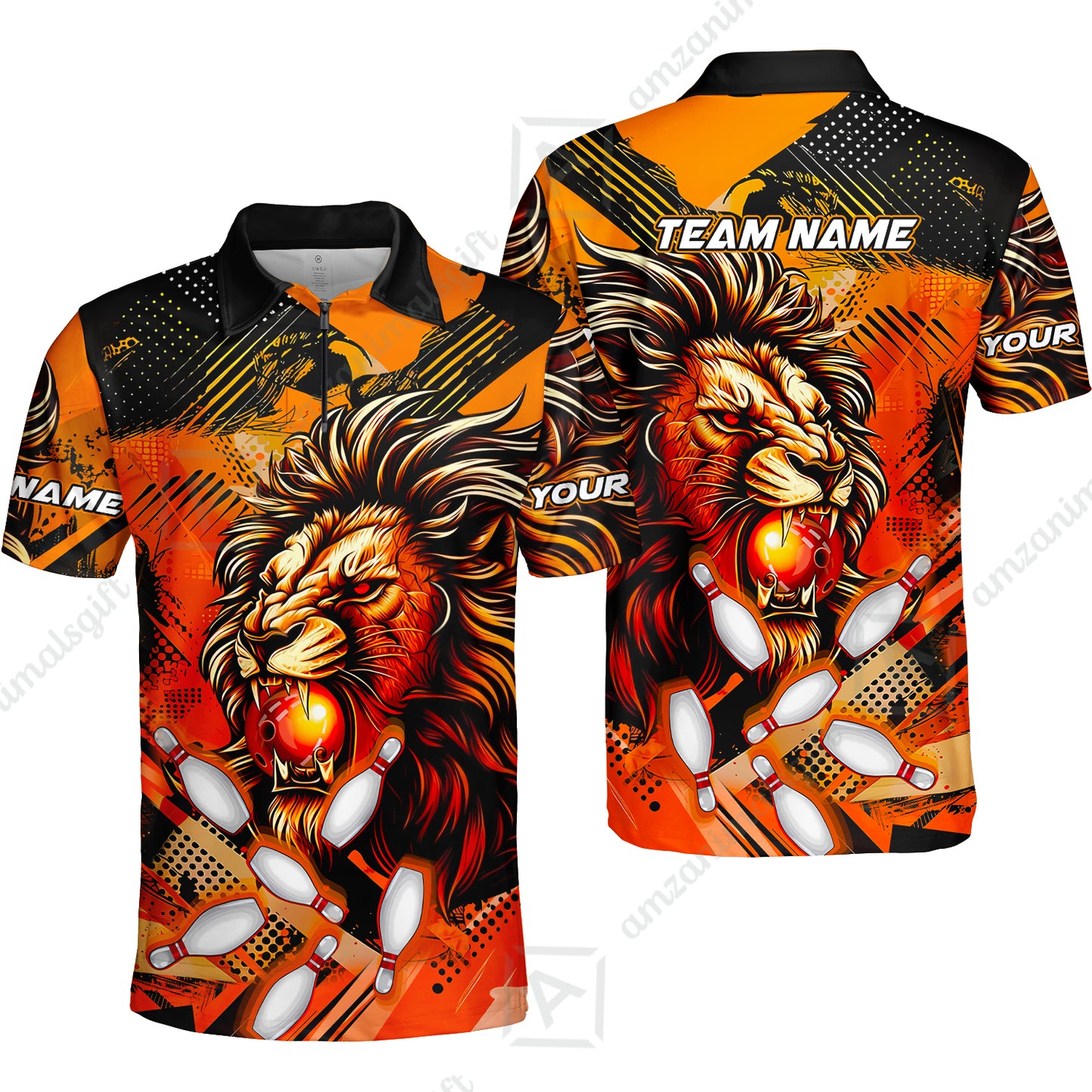 Custom Bowling Team Jerseys Shirts, Bowling uniforms Ball & Pins Lion Pattern Personalized Name And Team Name