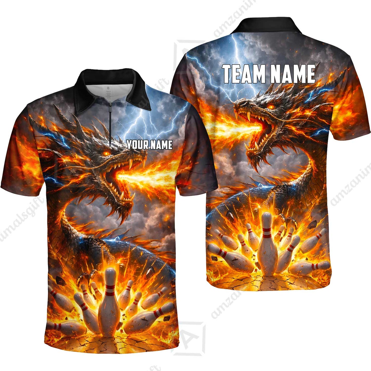 Customized Blazing Fire Dragon & Thunder Strike Bowling Jersey, Custom Name And Team Name For Bowlers