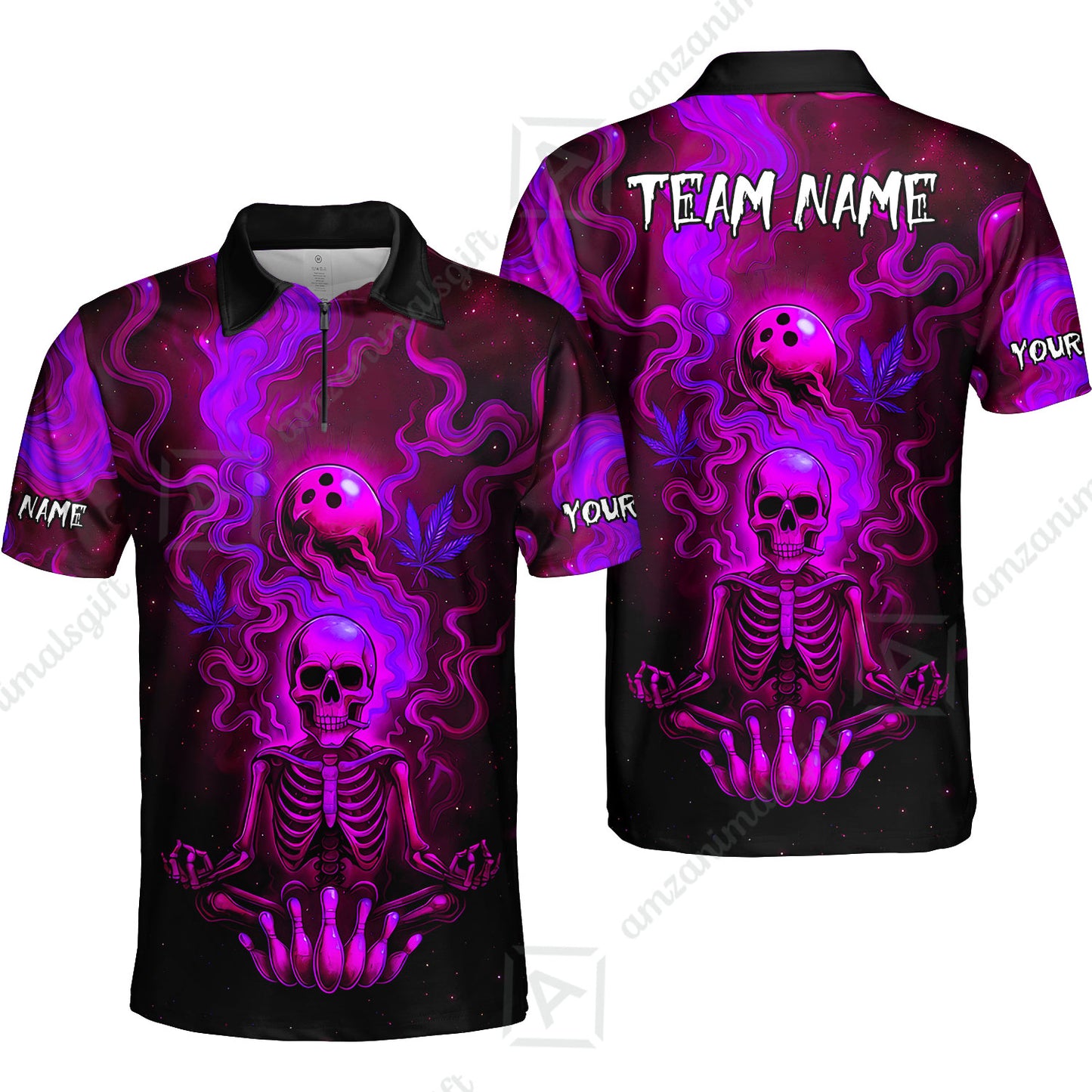 Custom Bowling Team Unisex Polo Shirt, Neon Skull CNB Bowling Custom Shirt Featuring Personalized Name and Team Name