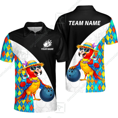 Custom Bowling Jersey Polo Shirt, Tropical Parrot Beach Party, Custom Bowling Jersey Team Shirt For Players With Name and Team Name