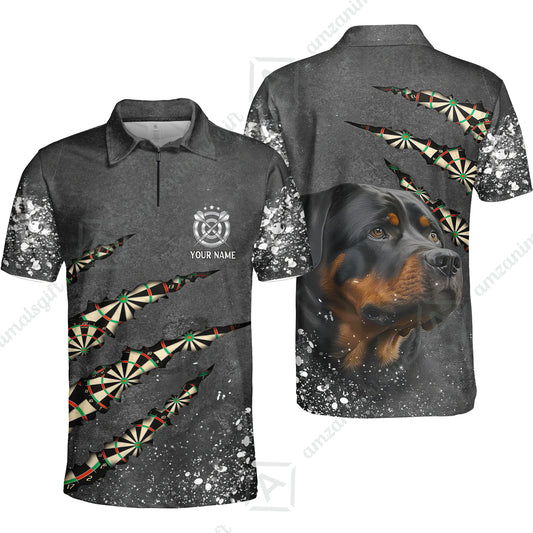 Rottweiler And Darts Custom Name Quarter-Zip Polo Shirt, Darts Paint Splash Personalized Quarter-Zip Polo Shirt Gift For Darts Lover, Team, Friend, Dog Lover