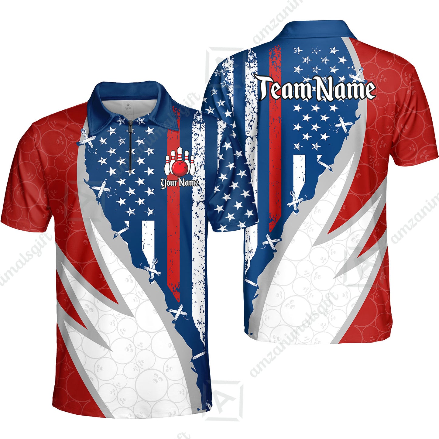 Custom Bowling Jersey Polo Shirt, Thin Red Line With Vintage Distressed American Flag, Personalize Name and Team Name