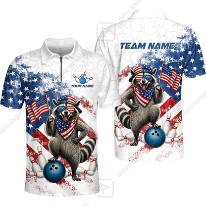 Custom Bowling Jersey Polo Shirt, Racoon America Flag Bowling Pattern, Personalize Name and Team Name