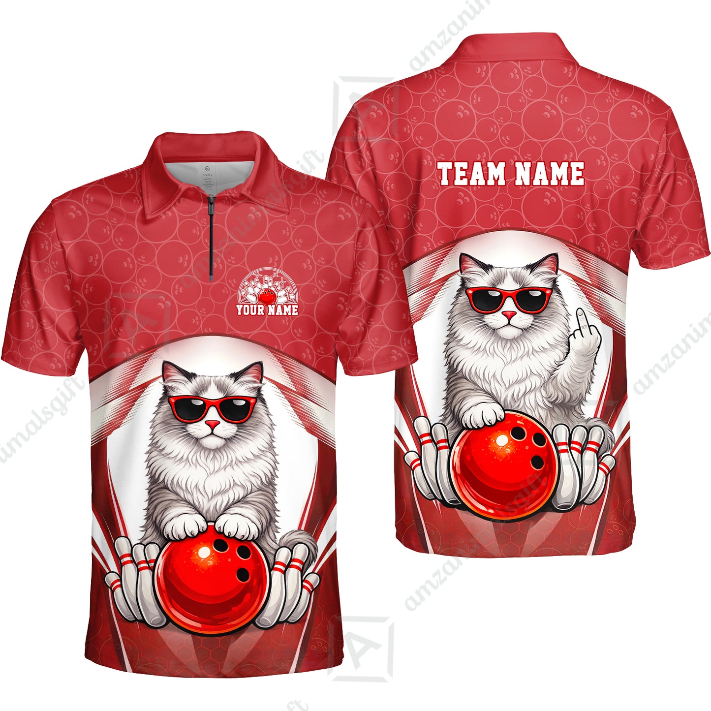 Custom Bowling Polo Shirt, Funny Cat with Sunglasses Bowling Custom Bowling Polo Team Shirt For Players With Name & Team Name