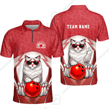 Custom Bowling Polo Shirt, Funny Cat with Sunglasses Bowling Custom Bowling Polo Team Shirt For Players With Name & Team Name