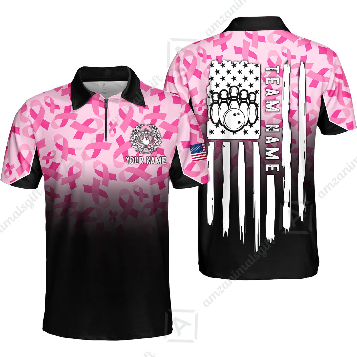 Custom Bowling Jersey Polo Shirt, Ribbon Breast Cancer Awareness Flag, Custom Bowling Jersey Team Shirt For Players With Name and Team Name