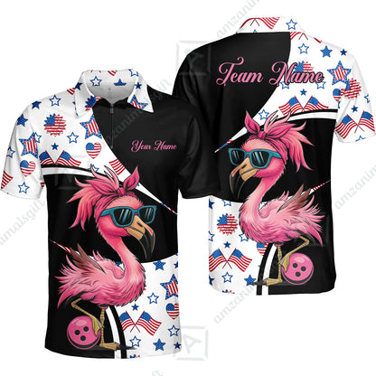 Custom Flamingo America Flag Bowling Jersey Polo Shirt, Custom Flamingo America Flag Bowling Jersey Team Shirt For Players With Name & Team Name