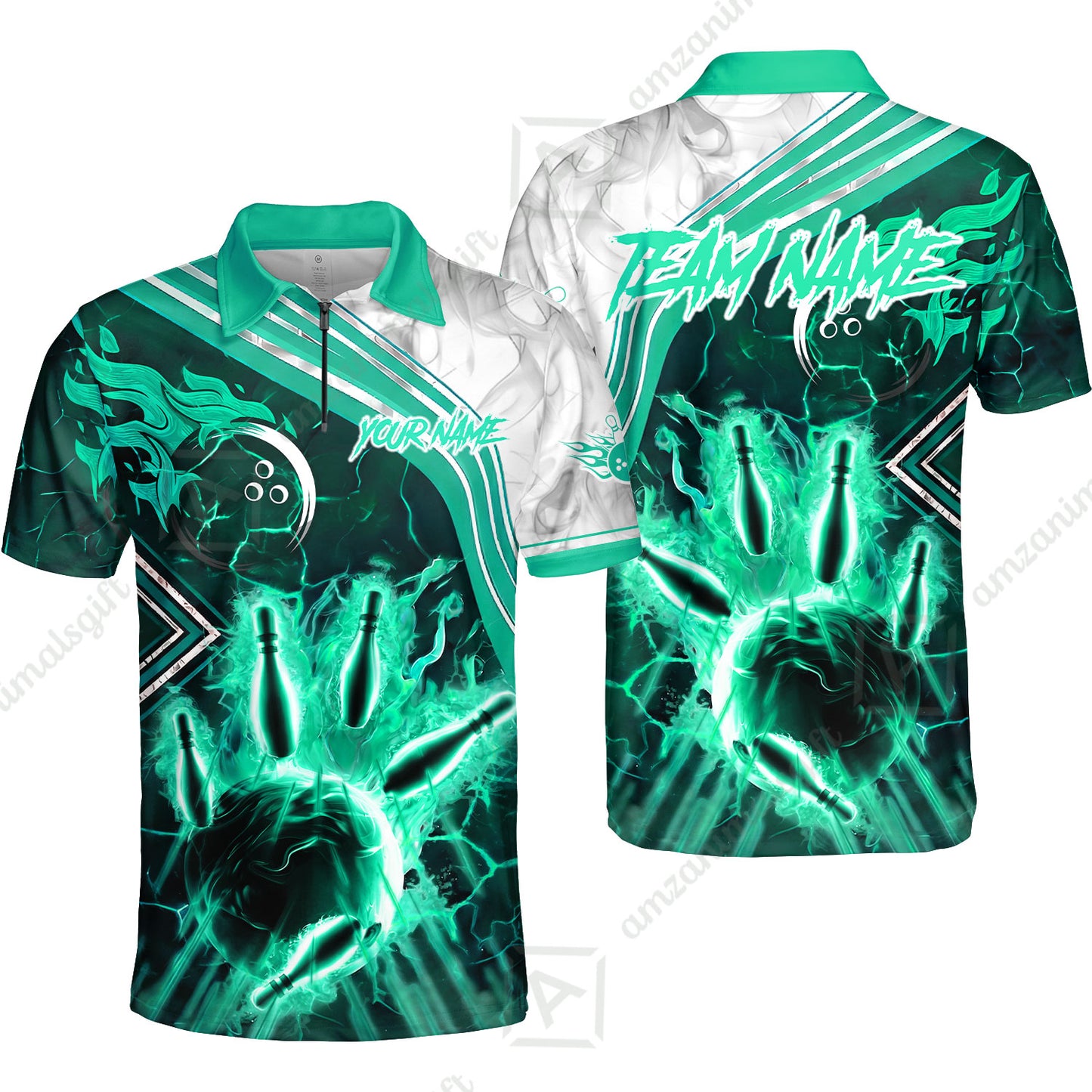 Customized Bowling Unisex Polo Shirt, Fire & Smoke Bowling Pins, Bowling Uniform - Personalized Name And Team Name