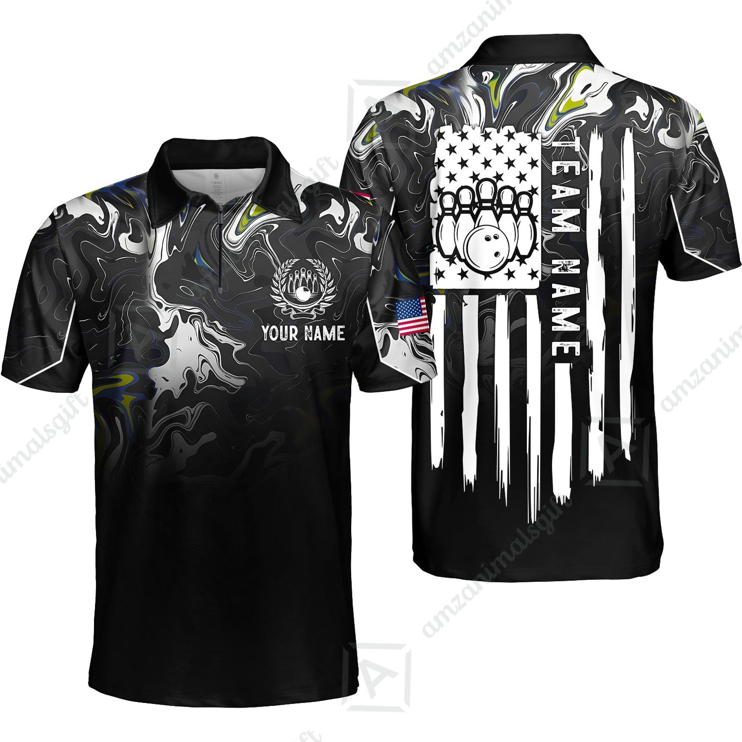 Custom Bowling Jersey Polo Shirt, Monochrome Fluid Marble Patriotic Flag, Custom Bowling Jersey Team Shirt For Players With Name and Team Name