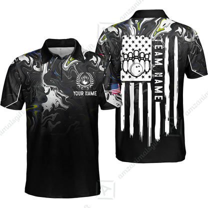 Custom Bowling Jersey Polo Shirt, Monochrome Fluid Marble Patriotic Flag, Custom Bowling Jersey Team Shirt For Players With Name and Team Name