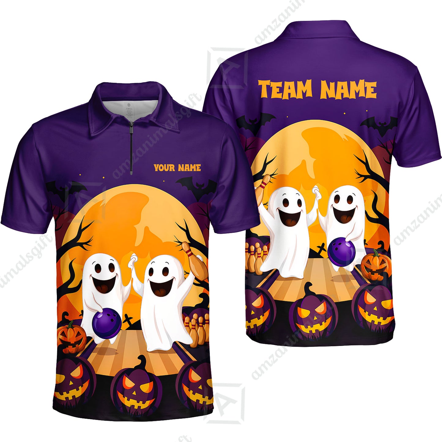 Custom Bowling Jersey Polo Shirt, Bowling Ghost Pumpkin Halloween, Personalized Name And Team Name