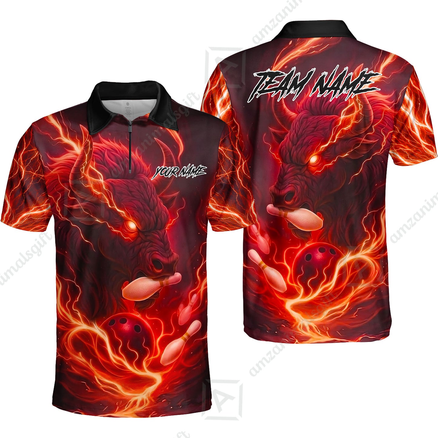 Custom Bowling Jersey Polo Shirt, Charging Bull Bowling Custom Bowling Jersey Team Shirt For Players With Name & Team Name