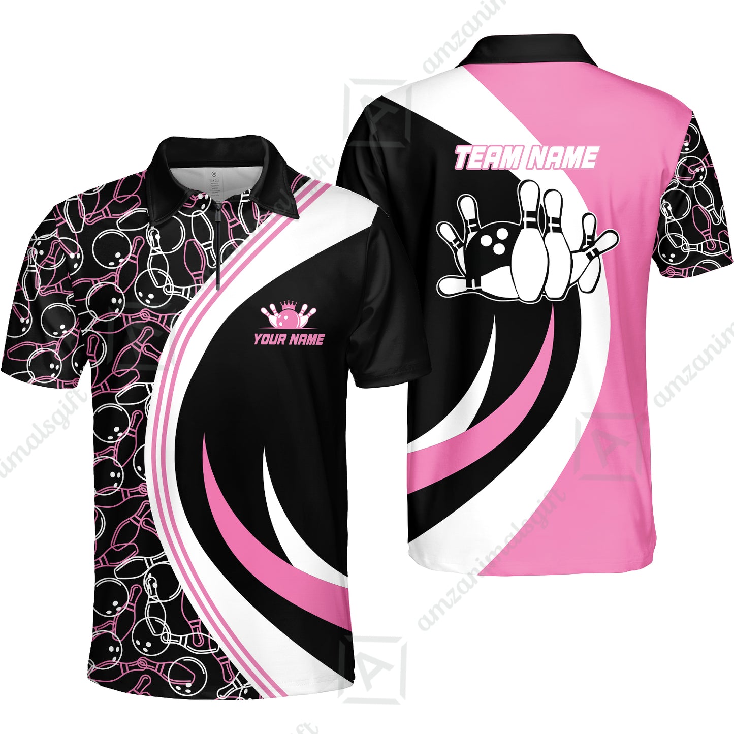 Custom Team Name Black Pink Bowling Team Jersey - Bowling uniforms  Seamless Pattern Bowling Zip Polo Shirts - Uniform Shirt For Bowlers