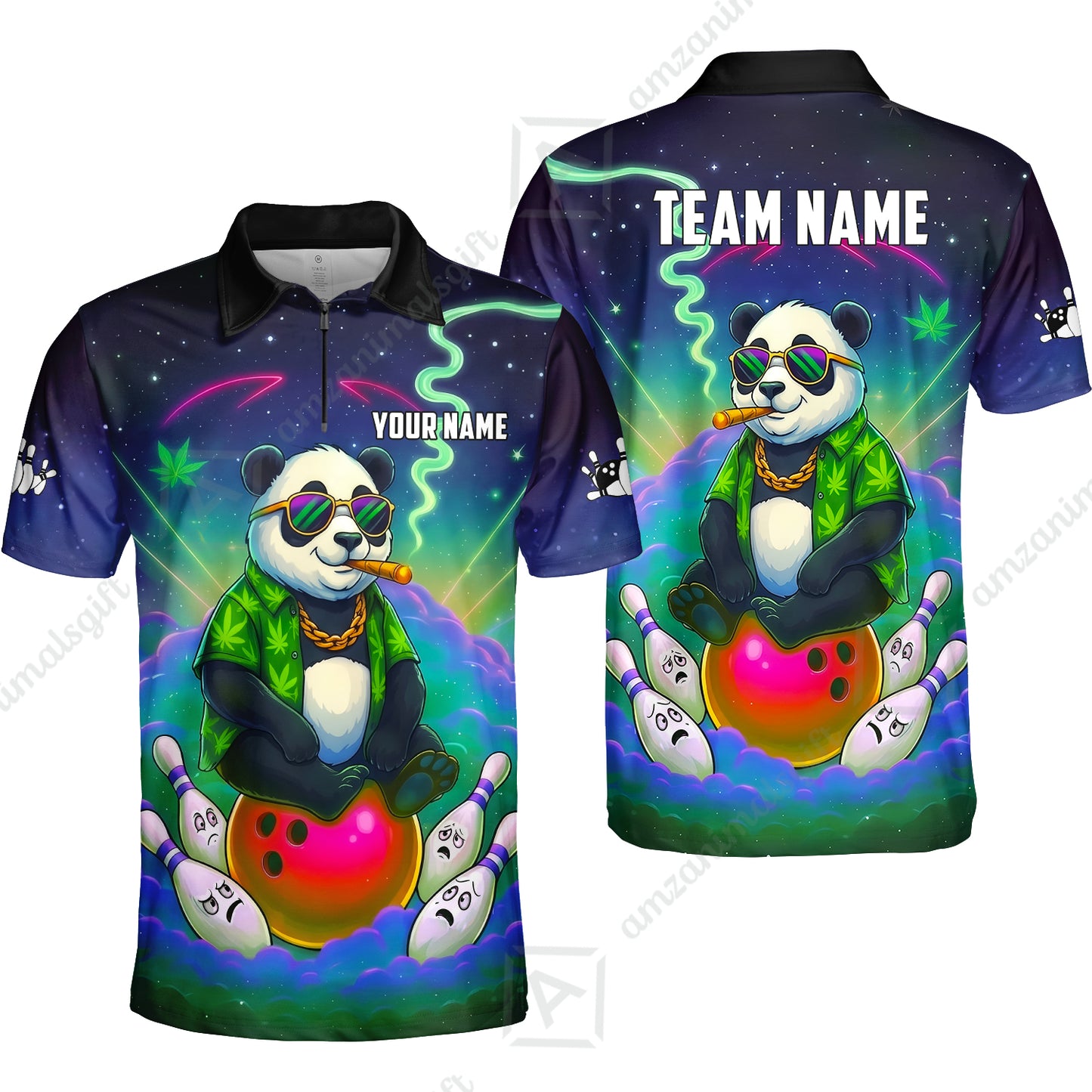Custom Bowling Jersey Polo Shirt, Chill Panda & Cosmic Vibe, Custom Bowling Jersey Team Shirt For Players With Name & Team Name