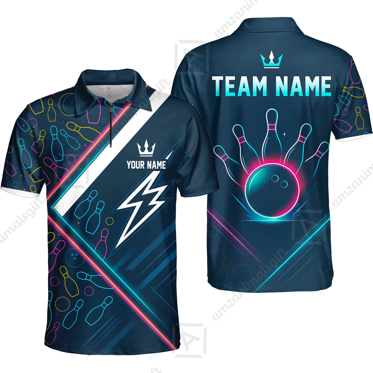 Customized Neon Glow Bowling Quarter-Zip Polo Shirt, Lightning Bolt And Crown Zip Polo Shirt For Bowling Team, Bowlers