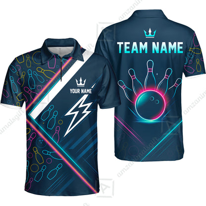 Customized Neon Glow Bowling Quarter-Zip Polo Shirt, Lightning Bolt And Crown Zip Polo Shirt For Bowling Team, Bowlers
