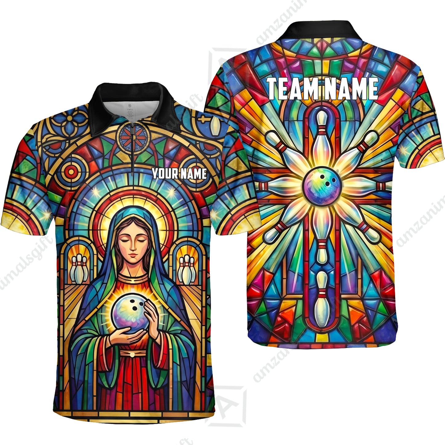 Custom Bowling Jersey Polo Shirt, Stained Glass Sacred Strike, Custom Bowling Jersey Team Shirt For Players With Name & Team Name