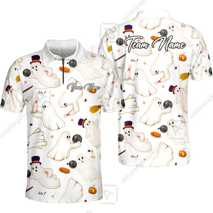 Custom Bowling Jersey Polo Shirt, Reds Seamless Pattern Cute Ghost, Personalize Name and Team Name