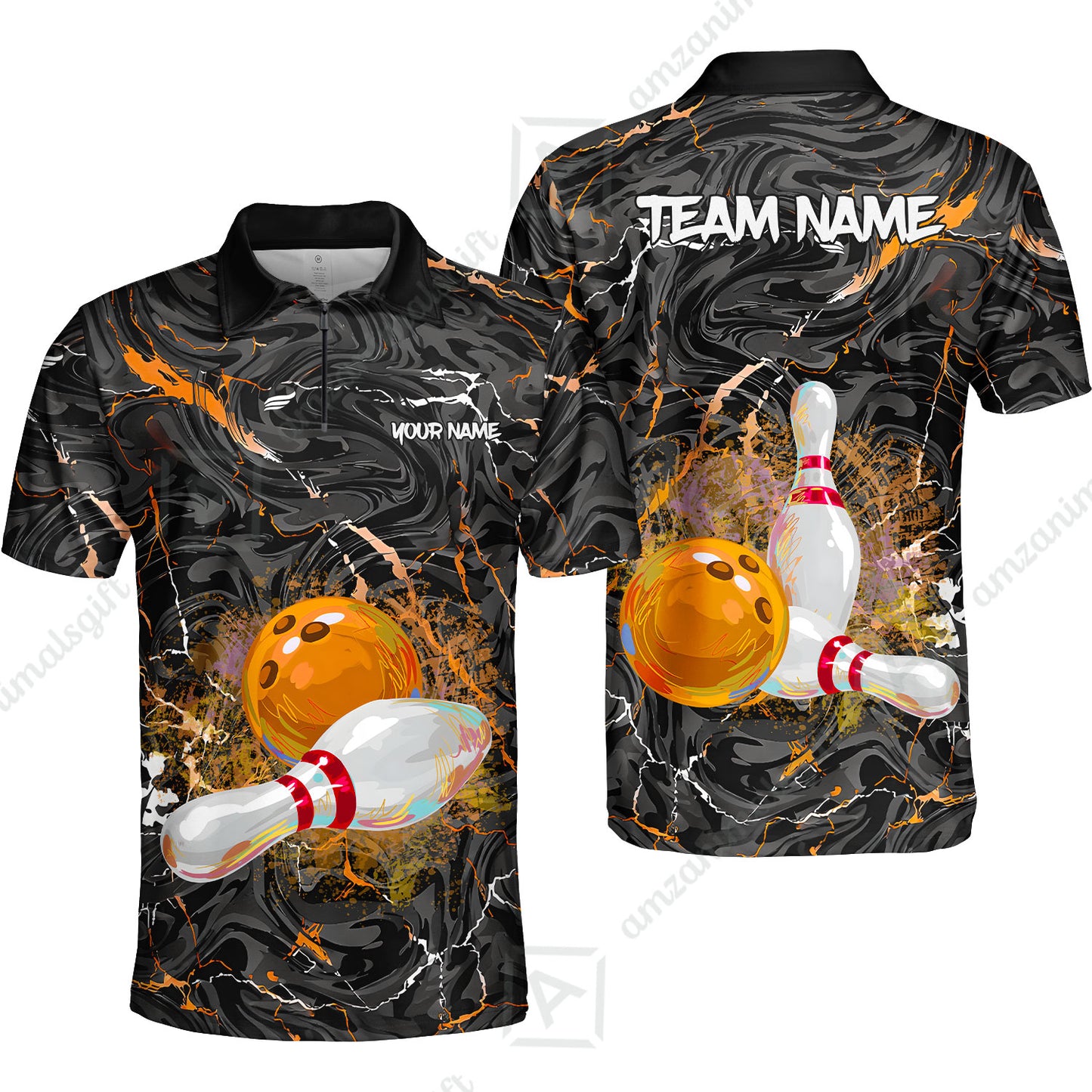 Customized Bowling Unisex Polo Shirt, Swirling Marbled Pattern Vibrant Veins, Bowling Uniforms, Personalized Name And Team Name
