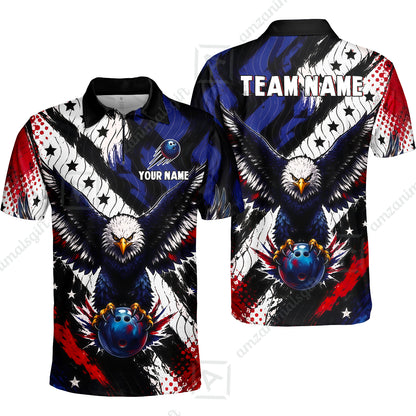 Custom Bowling Jersey Polo Shirt, American Flag And Eagle Hold Bowling Ball, Personalize Name and Team Name