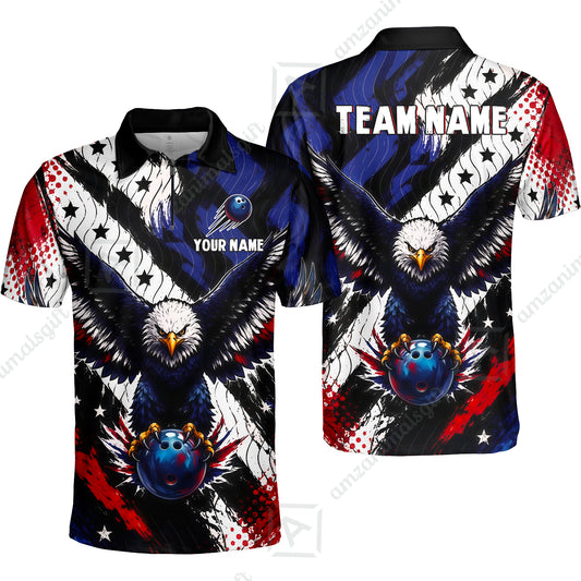 Custom Bowling Jersey Polo Shirt, American Flag And Eagle Hold Bowling Ball, Personalize Name and Team Name