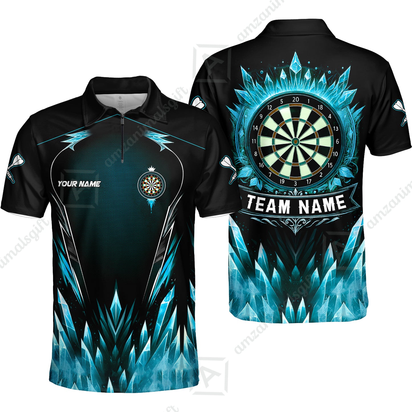 Custom Blue Ice Dartboard Jersey Polo Quarter-Zip Team Shirts, Customized Name Team Name Darts Team Jerseys Uniform