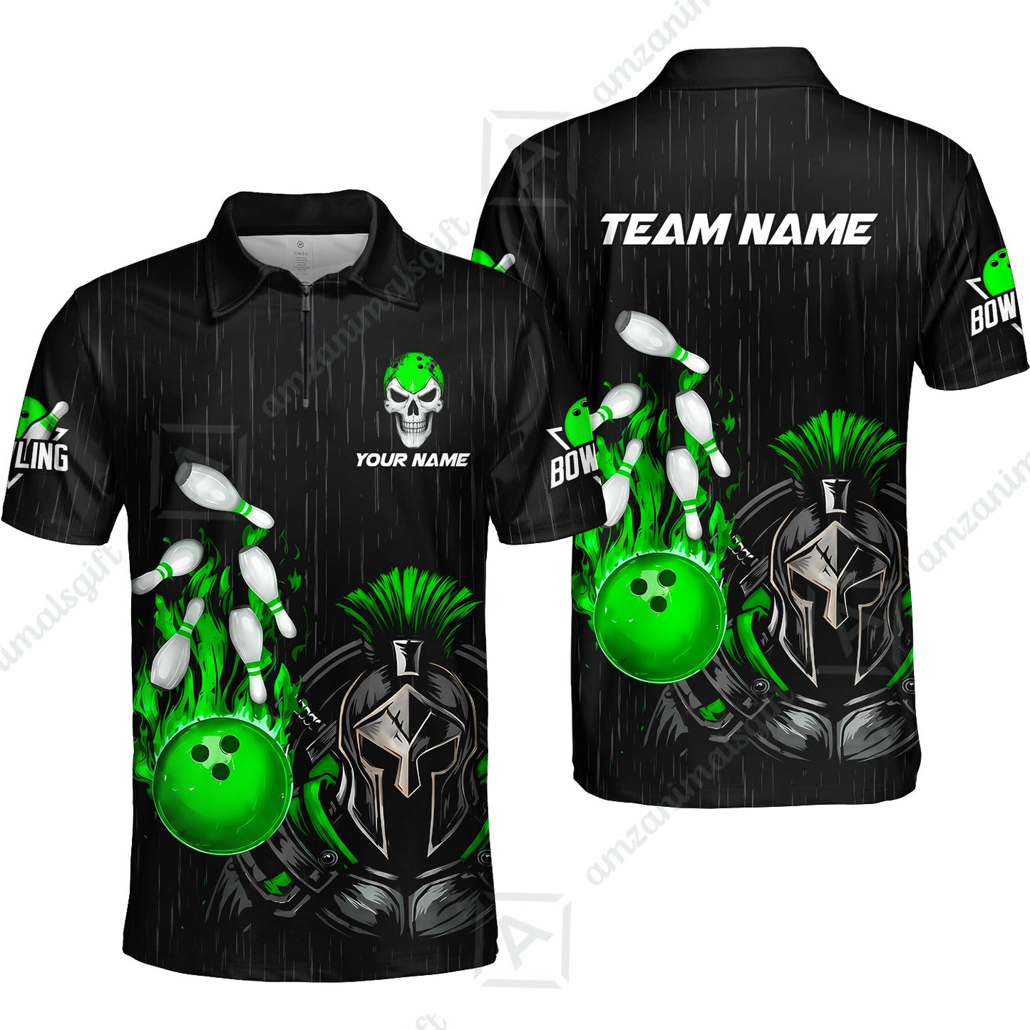 Custom Bowling Jersey Polo Shirt, Fire Bowling Knight Rain Skull Logo, Personalize Name & Team Name