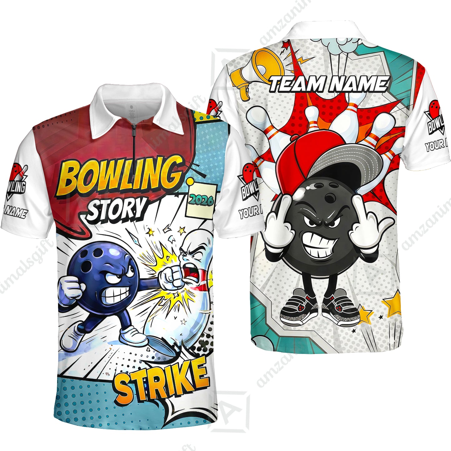 Customized Bowling Team Shirt, Comic Bowling Story Strike Cartoon, Bowling Uniforms, Personalized Name And Team Name