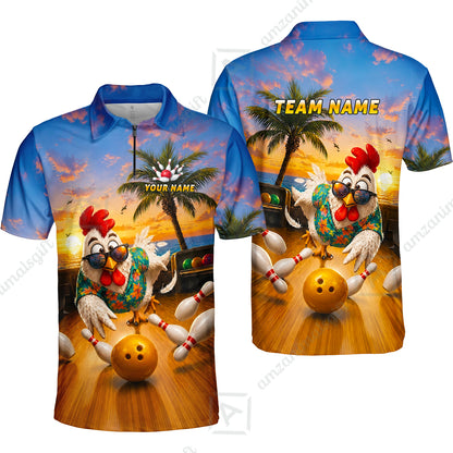 Custom Bowling Jersey Polo Shirt, Funny Tropical Hawaiian Rooster Strike, Custom Bowling Jersey Team Shirt For Players With Name and Team Name