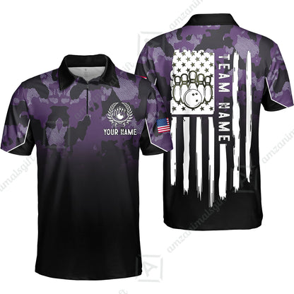 Custom Bowling Jersey Polo Shirt, Tactical Camo Patriotic Flag, Custom Bowling Jersey Team Shirt For Players With Name and Team Name