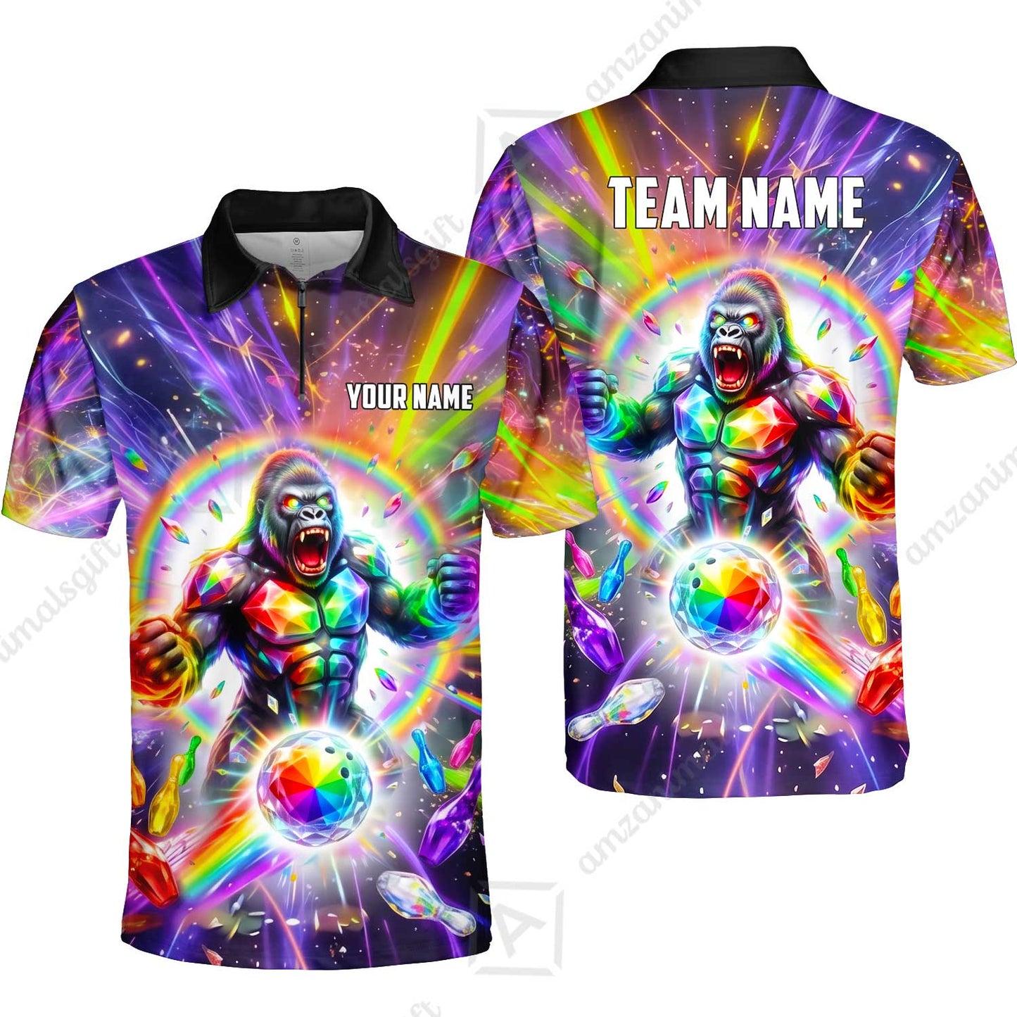 Custom Bowling Jersey Polo Shirt, Rainbow Gemstone Gorilla, Custom Bowling Jersey Team Shirt For Players With Name and Team Name