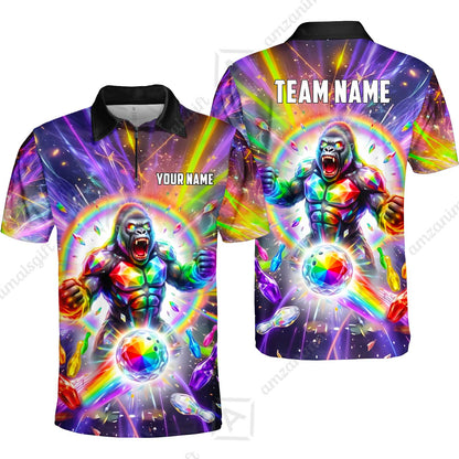 Custom Bowling Jersey Polo Shirt, Rainbow Gemstone Gorilla, Custom Bowling Jersey Team Shirt For Players With Name and Team Name