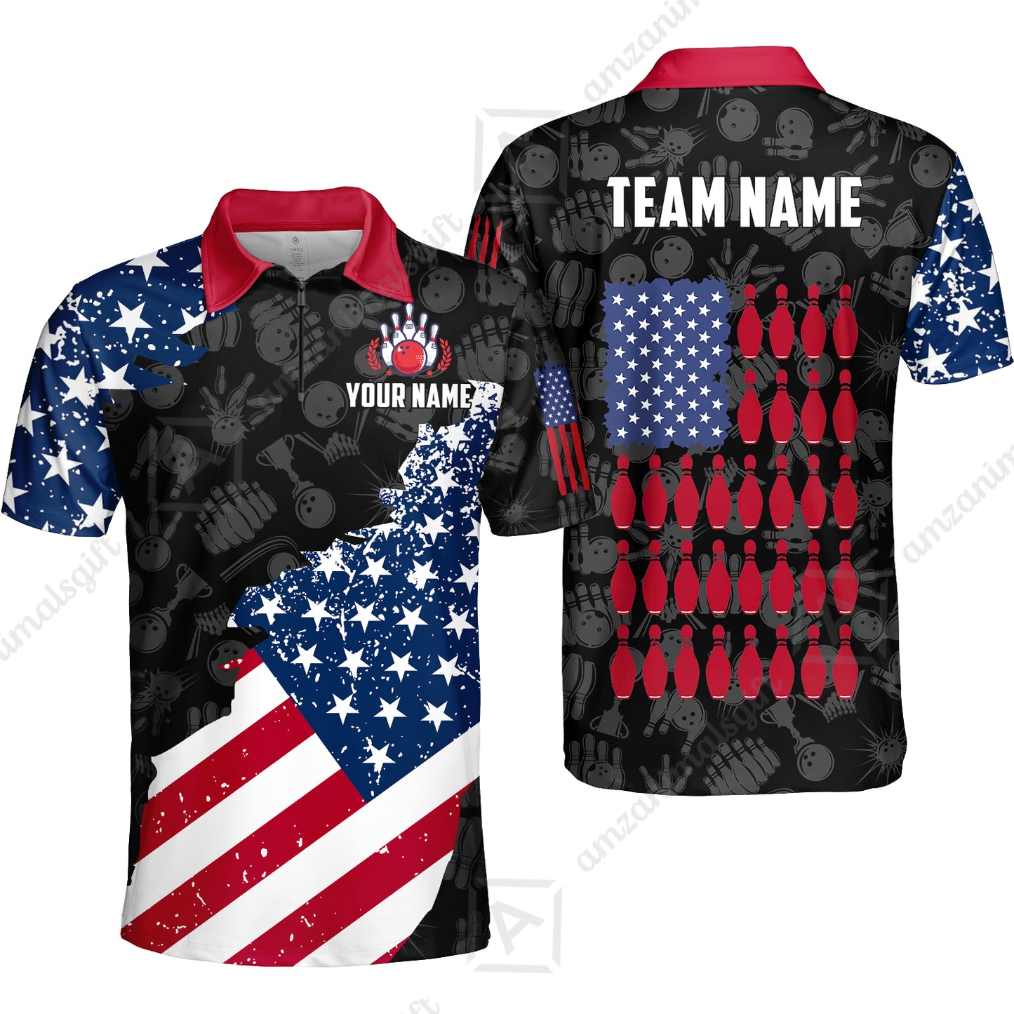 Custom Bowling Jersey Polo Shirt, Americana Patriotic Distressed Flag, Custom Bowling Jersey Team Shirt For Players With Name and Team Name