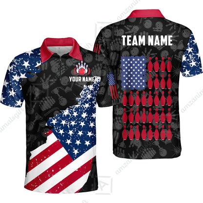 Custom Bowling Jersey Polo Shirt, Americana Patriotic Distressed Flag, Custom Bowling Jersey Team Shirt For Players With Name and Team Name