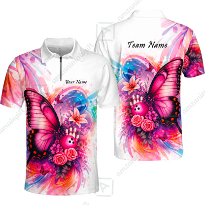 Custom Bowling Jersey Polo Shirt, Watercolor Pink Butterfly Bloom, Custom Bowling Jersey Team Shirt For Players With Name and Team Name
